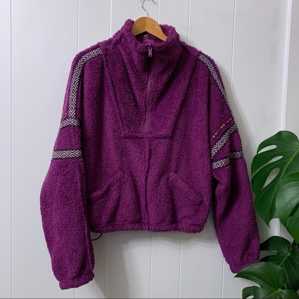 Free People Movement Nantucket Fleece Jacket Popover Sherpa Fuzzy Embroidered